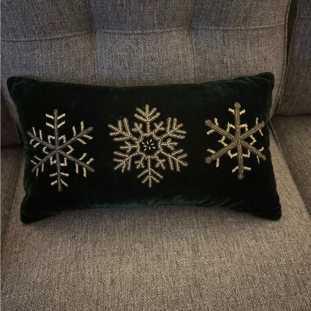 Elegant Green Snowflake Holiday Pillow